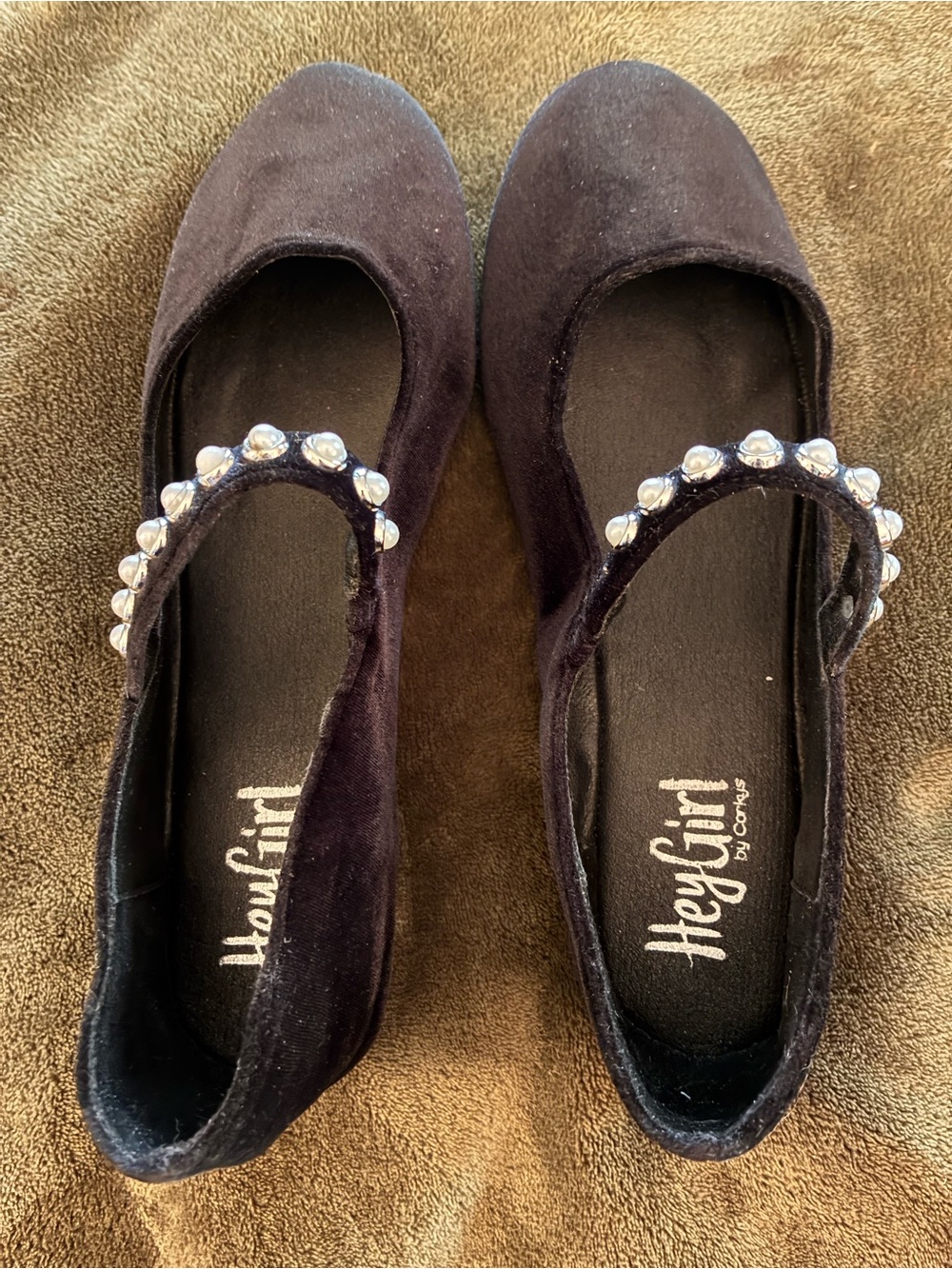 Hey Girl Black Velvet Pearl-Strap Mary Jane Flats